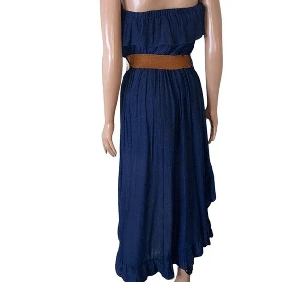 Annabelle A'GACI Sleeveless High/low Dress ruffle top Navy Blue belted SZ M - Picture 3 of 10